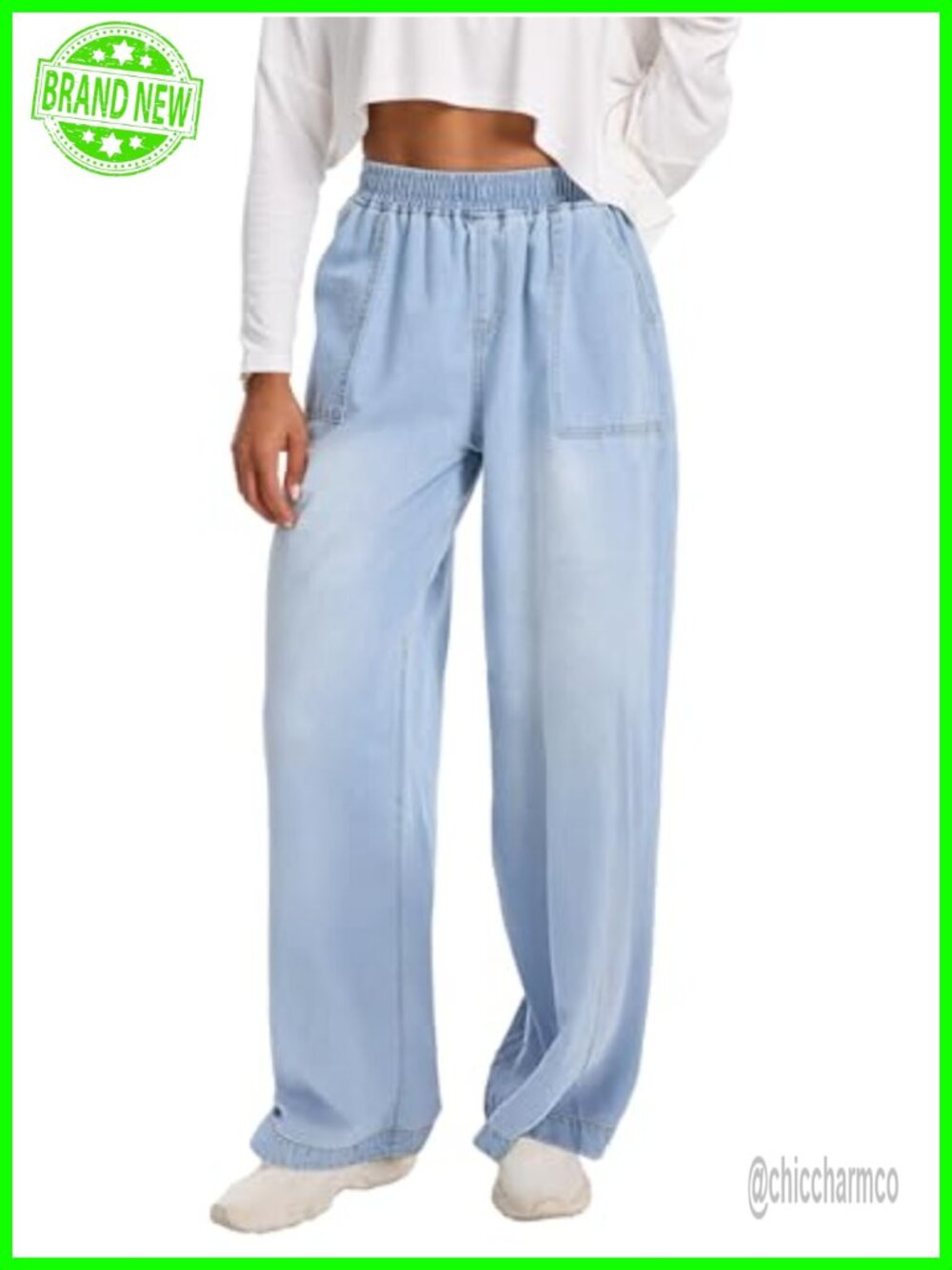Wide Leg Baggy Elastic Waist Jeans High Rise Stretch Denim Pants